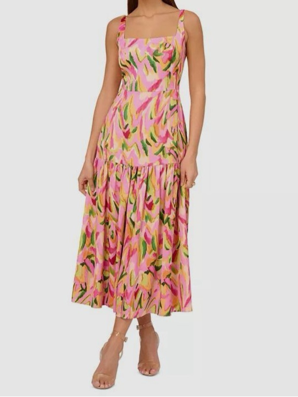 Adrianna Papell Pink & Green Floral Square-Neck Midi Dress size 2